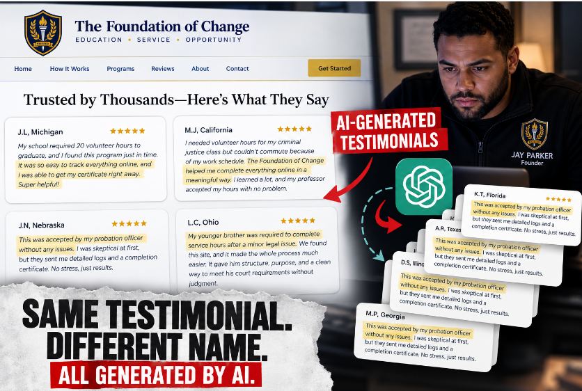 “Trusted by Thousands”: The Foundation of Change Published Rotating Testimonials With Different Names and Strikingly Similar Stories