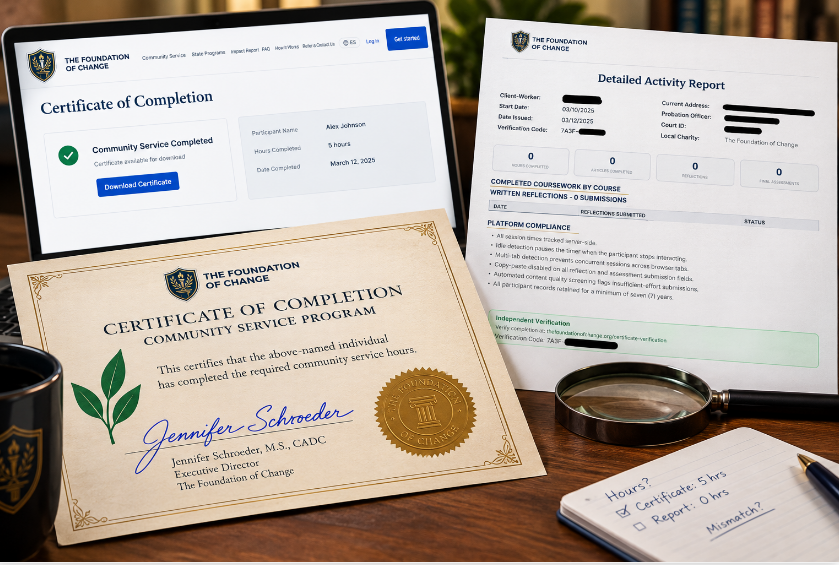 A Certificate Says Community Service Was Completed. The Activity Record Says Otherwise